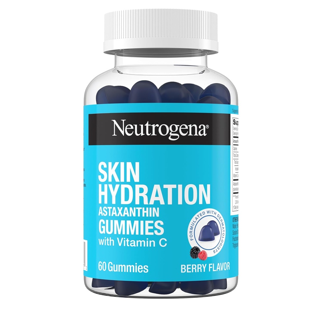 Neutrogena Hudhydrasjon Astaxanthin Gummies med vitamin C, Hudpleie kosttilskudd for Hydrated, glatt og sunn hud, Daglig antioksidant Gummies for hud helse, Berry Flavor, 60 ct