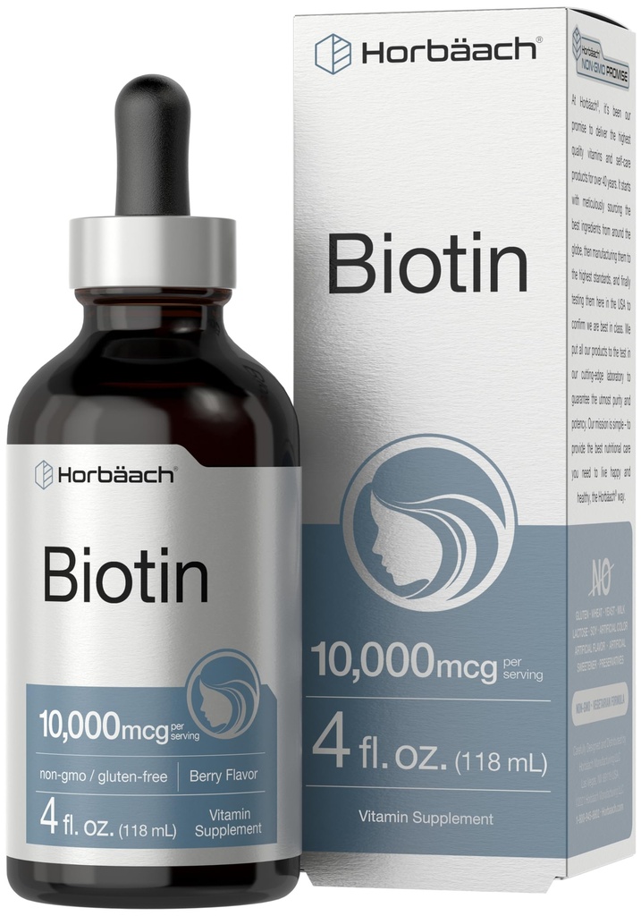 Horbäach Biotin flytende dropper 10000mcg ® 4 fl oz Berry Flavor ® Vegetarisk, Ikke-GMO & Glutenfri Supplement