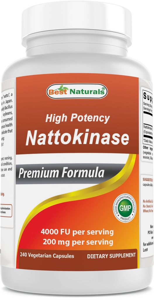 Beste Naturals høy potens Nattokinase 4000 FU Per servering / 200 mg per servering, 240 Vegetarain kapsler. Ikke-GMO, Glutenfri.