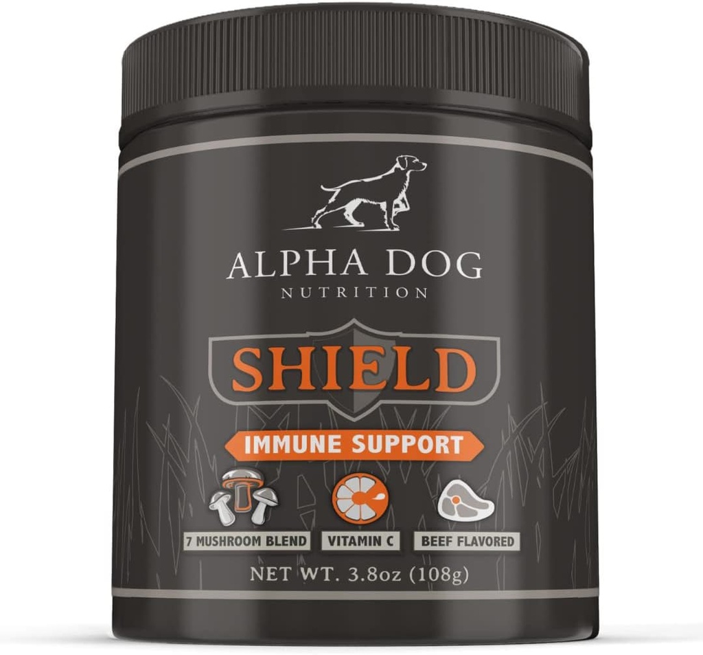 Skjold Allergi immun støtte Supplement for hunder med Alpha Dog Nutrition - 7 ernæringsmessig Mushroom pulverkompleks + vitamin C å øke immuniteten - opptil 120 serveringer for små avler hunder, 108g