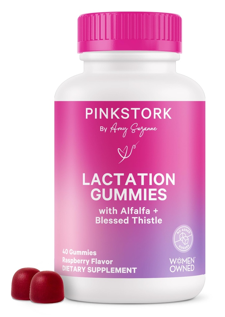 Pink Stork Lactation Supplement Gummier - støtte brystmelkforsyning med Melk Thistle, Alfafa, Vitamin D, og B12, Postpartum Recovery, Brystmating Essentials - Bringebær, 40 Count