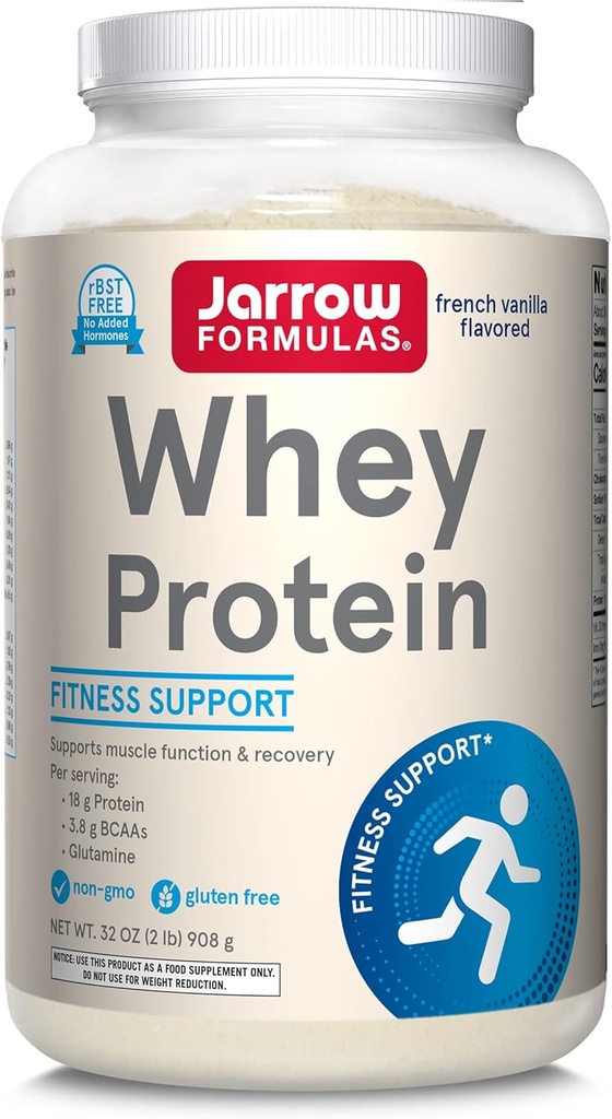 Jarrow Formler Whey Protein med 18 g protein, 3,8 g BCAA, & Glutamin, Kosttilskudd for muskelfunksjon og gjenoppretting støtte, 32 oz Vanilla Flavored pulver, ca 36 dagers forsyning