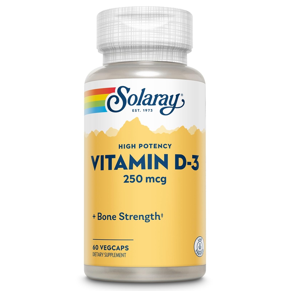 SOLARAY Vitamin D3 10000IU (250mg) - høy styrke vitamin D - med VIT D3 som kolekalciferol - sterke bein og immunstøtte Supplement - 60-dagers garanti, 60 serveringer, 60 Vegkaps