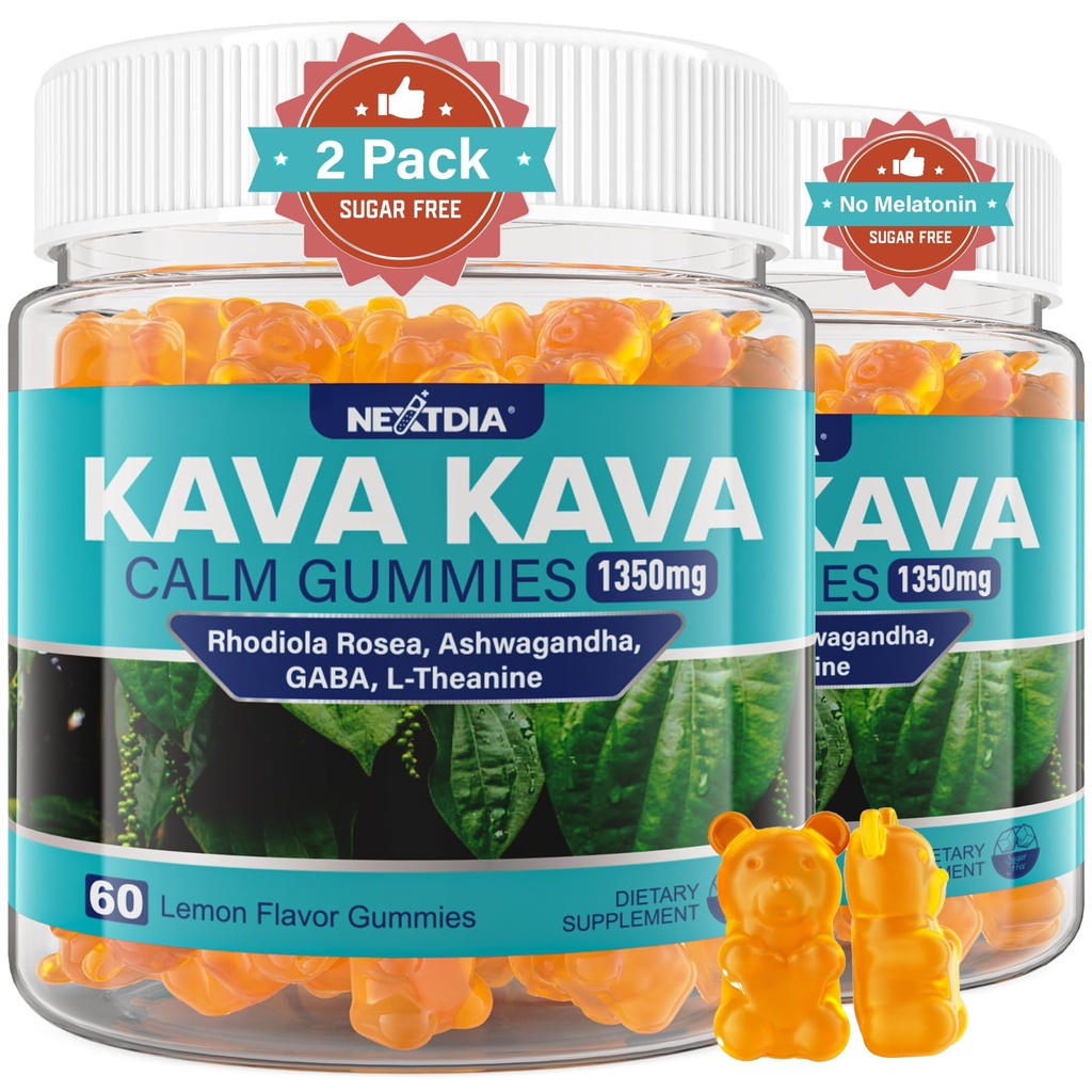 Kava Kava Gummies, Sukker Gratis Calm Gummies w/Rhodiola Rosea, Ashwagandha, L-Theanine, GABA, Melatonin-fri Kava blanding for avslapning, rolig og fokus - Alternativ til Kava pulverkapsler, Vegan 120 Ct