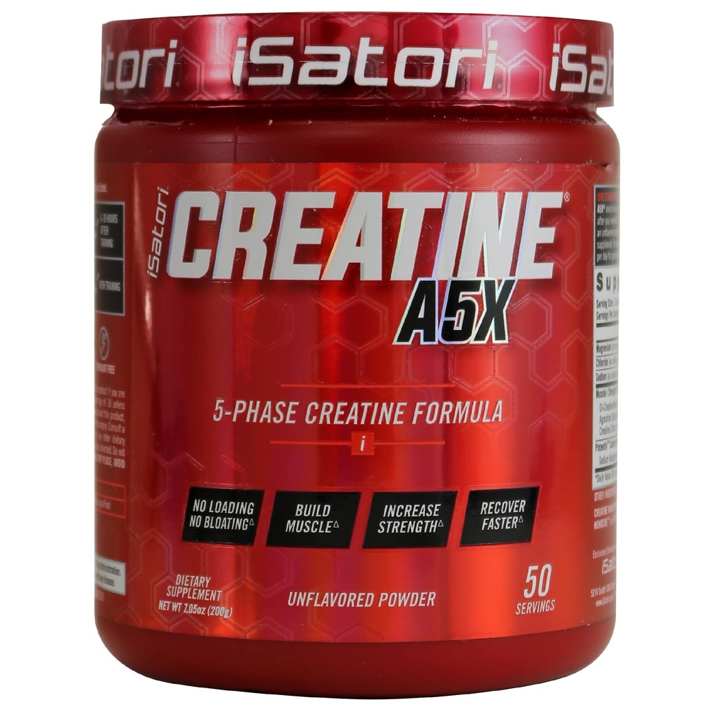 iSaturi Creatine A5X med Kreatin Monohydrat & Betain Anhydrous for muskelvekst, styrkebygging, og gjenoppretting - Kosttilskudd for trening og vektløfting - Uslavored (50 Services)
