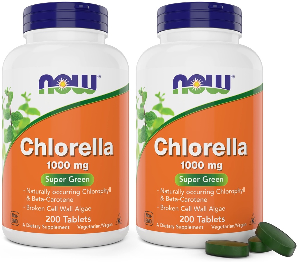 Nå Klorella 1000mg Tabletter - 200 greve (Pack of 2) - Naturlig Ocquence Chlorophyll, Beta-Carotene - Ikke-GMO, Vegan - Grønn Super Mat Supplement for kvinner og menn