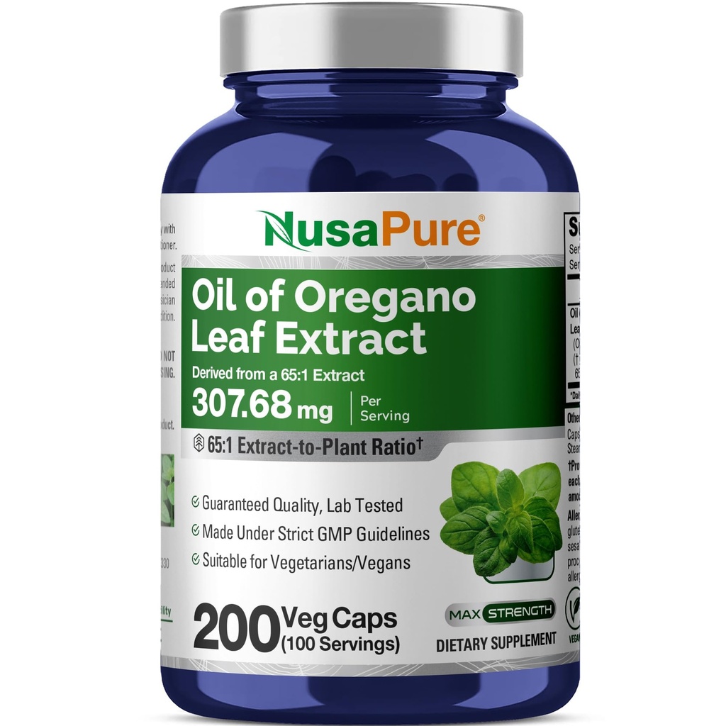 NusaPure Oregano olje ekstrakt 20000mg | 200 Veggie pulver kapsler | naturlig forekommende Carvacrol ikke-GMO og ekstrahere 65:1