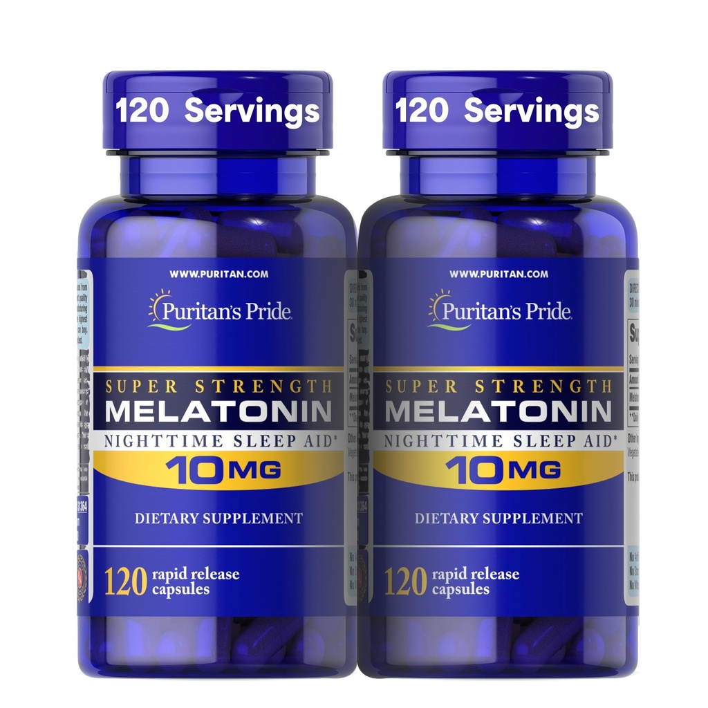 Puritans Pride Premium Super Styrke Melatonin 10mg søvnhjelp, Diett Supplement for lyd, Restful, & Lengre søvnstøtte, 4 måneders forsyning, 120 Rapid Release Kapsler, 2 pakker (Packing May Vary)