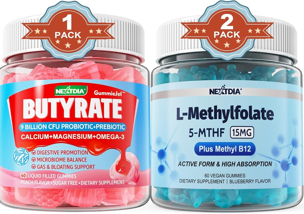 Butyrat med probiotiske + prebiotiske + postbiotiske, L-metylfolat 15 mg gummies