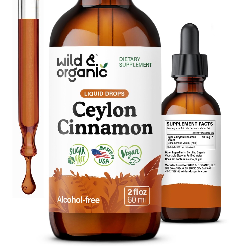 Wild & Organic Ceylon kanel ekstrakt flytende dråper 500mg - flytende kanel kosttilskudd for total støtte - kanel Verum Bark Tinktur - Vegansk, sukker og alkohol-fri, ikke-GMO - 2 fl oz