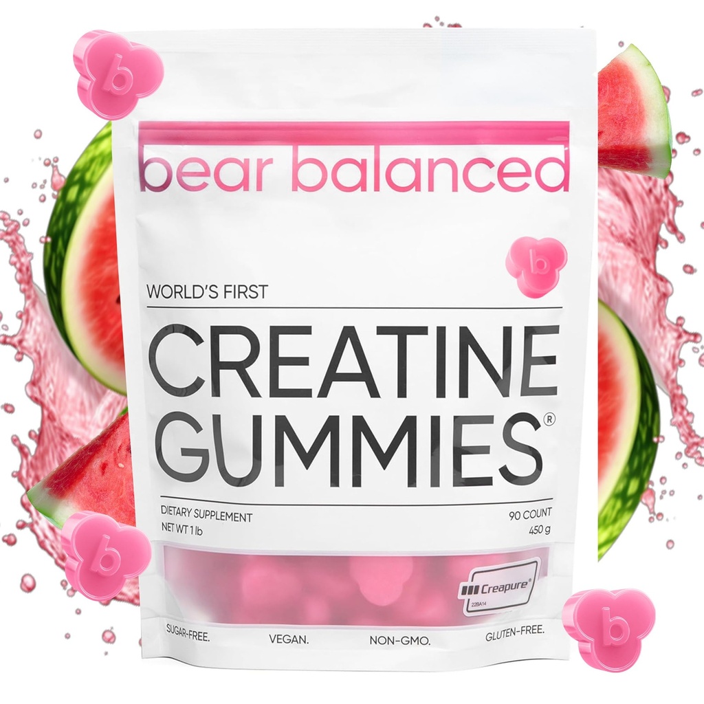 Bear Balanced Kreatin Gummies for menn og kvinner - Creapure® Kreatin Monohydrat, L-Theanine, L-tyrosin og B12 for muskelvekst, styrke, fokus, energi og helse - lav kalorie, sukkerfri, & vegan
