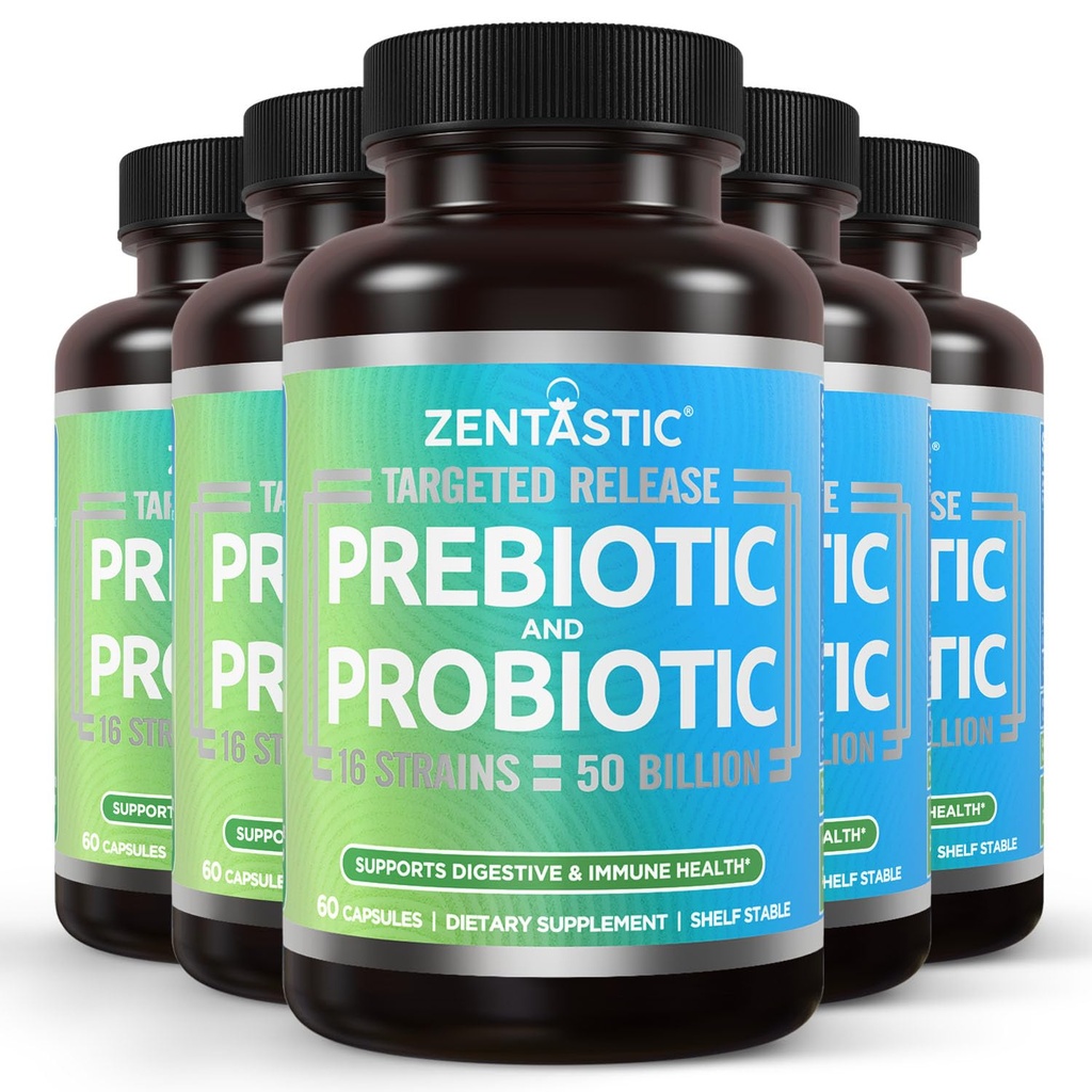 Zentastic Probiotika & Prebiotika Supplement - 50 milliarder CFU - for menn & kvinners immun- og digestiv helse - 16 strimler - hyllestabil - 300 forsinket frigjøring Veggie kapsler