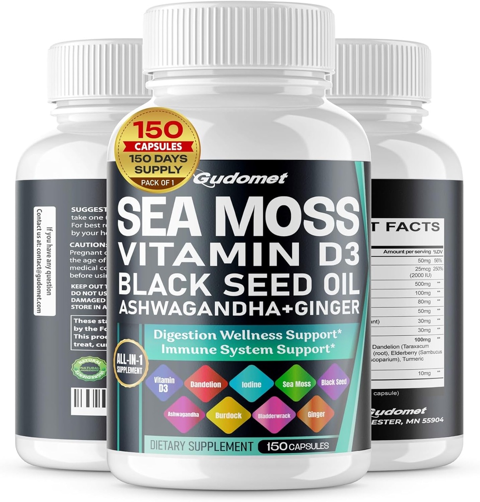 Sjø Moss Svart Seed Oil - All-in-1 Supplement med vitamin C Vitamin D3 Ashwagandha Burdock Bladderwrack Ginger Apple Cider Vinegar Dandelion Gul Dock