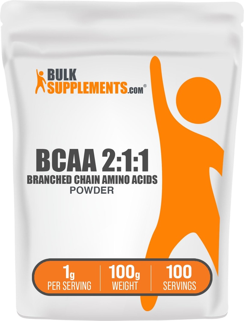 BulkSupplements.com BCAA 2:1:1 pulver - Branched kjede Aminosyrer, BCAA Aminosyrer pulver - ikke-flavorert og glutenfri, 1g per servering, 100g (3,5 oz) (Pack of 1)
