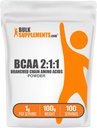 BulkSupplements.com BCAA 2:1:1 pulver - Branched kjede Aminosyrer, BCAA Aminosyrer pulver - ikke-flavorert og glutenfri, 1g per servering, 100g (3,5 oz) (Pack of 1)