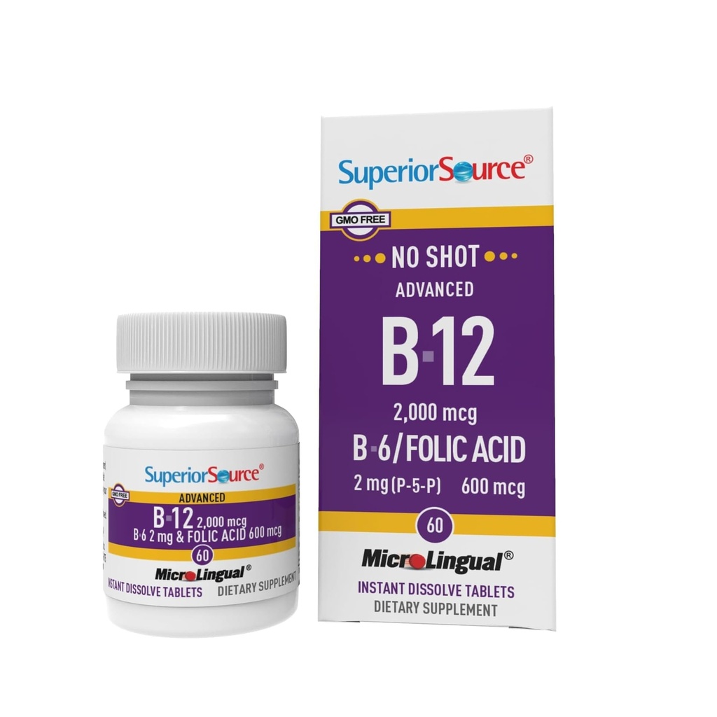 Superior Source NO Shot Advanced B-12 2.000 mcg B-6 / Folinsyre 600 mcg - Folinsyre for kvinner og menn - B Vitaminer Supplement støtter energi og celle helse - 60 Sublingual Oppløsende tabletter