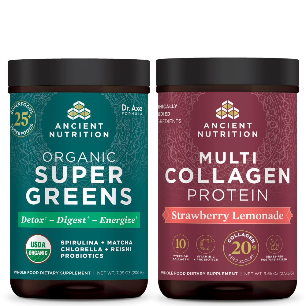 Gamle Ernæring Organic Supergreens pulver, Grønn Flavor, 25 serveringer + Multi Collagen Protein pulver, Jordbær sitronade, 24 serveringer