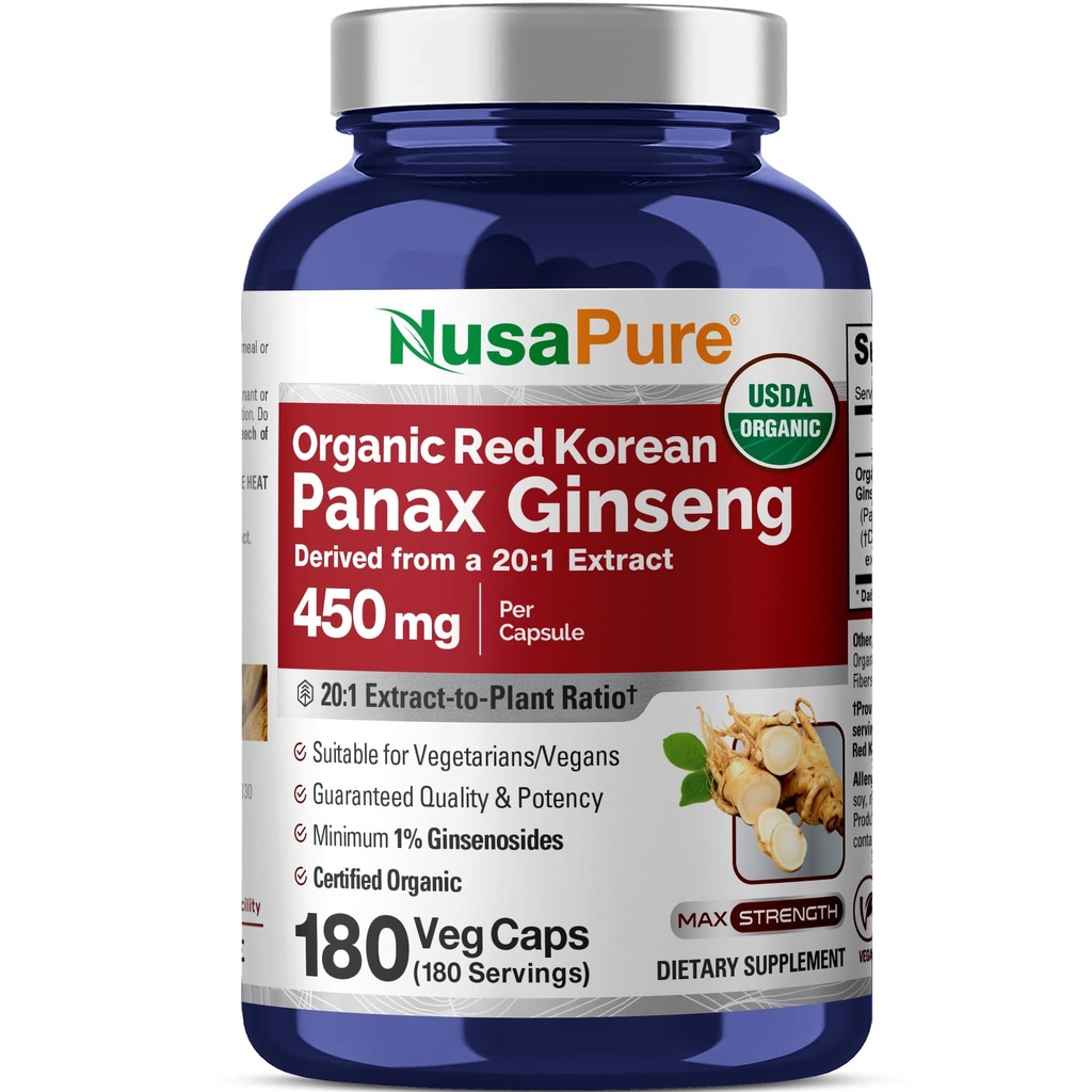 NusaPure Rød koreansk Panax Ginseng 20:1 Ekstrakt, 450 mg tilsvarende 9 000 mg 180 Veggie Caps (USDA Organic, Non-GMO, Vegan, Vegetarisk, Bioperin)