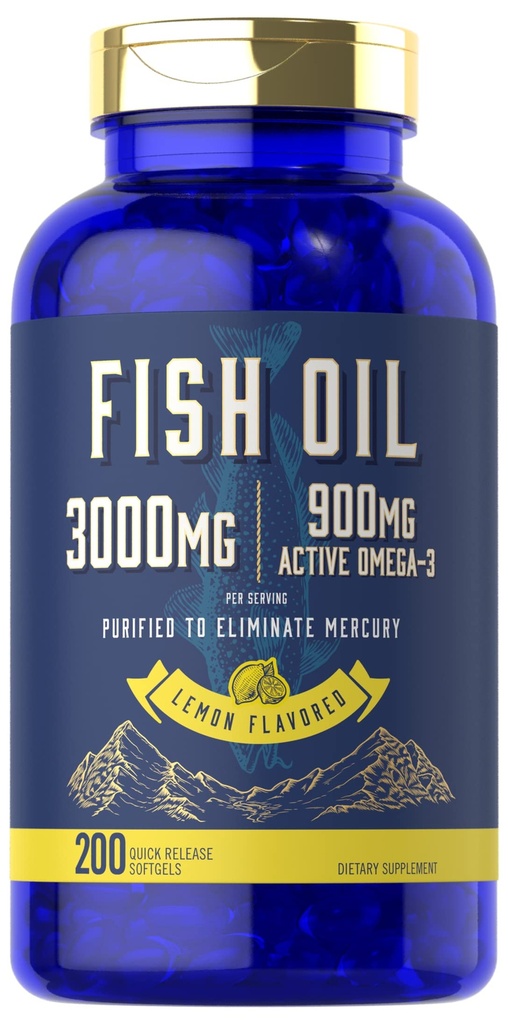 Carlyle Fish Oil 3000 mg | 900mg Omega 3 | 200 Softgels | Lemon Flavor | Ikke-GMO og Glutenfri Supplement