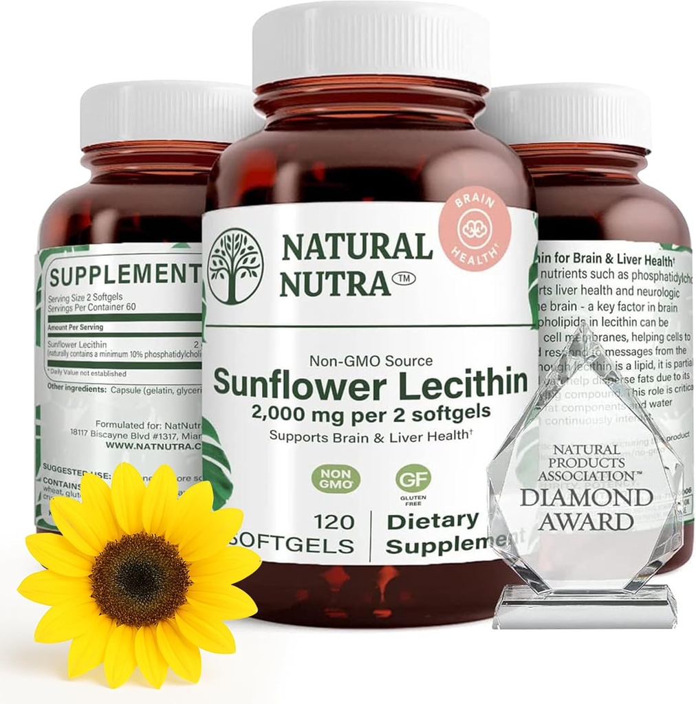Naturlig Nutra Sunflower Lecithin 2000 mg Supplement, støtter amming mødre med tilkoblet melk dukt relief, lever & hjerne helse booster, soya gratis, ikke-GMO, glutenfri, 120 Softgels (3 pakke)