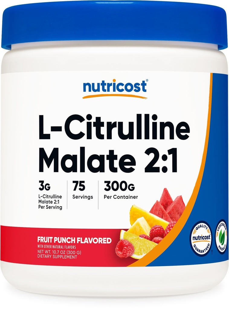 Nutricost L-Citrulline Malate 2:1 (300g) Fruit Punch - Treningsstøtte, Muskelytelse, Nitric Oxide Booster - Treningstilskudd pulver, 75 Serveringer