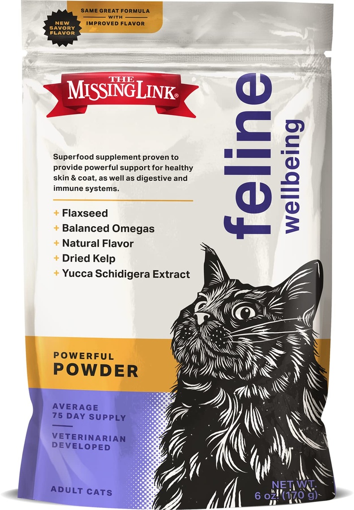 Den manglende linken Felin Superfood Supplement pulver 6oz veske, veterinærformulert, balansert omega 3 & 6 for sunn hud & Coat, Digestion, immunitet og total katt helse