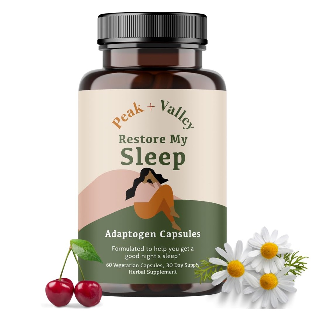 Peak + Valley naturlig søvnhjelp for voksne - 60 kapsler for dyp søvn - 3 mg Melatonin, L Theanine, Kamille, Ashwagandha - Naturlig herbal sovepiller - Ekstra styrke beroligende søvnhjelp