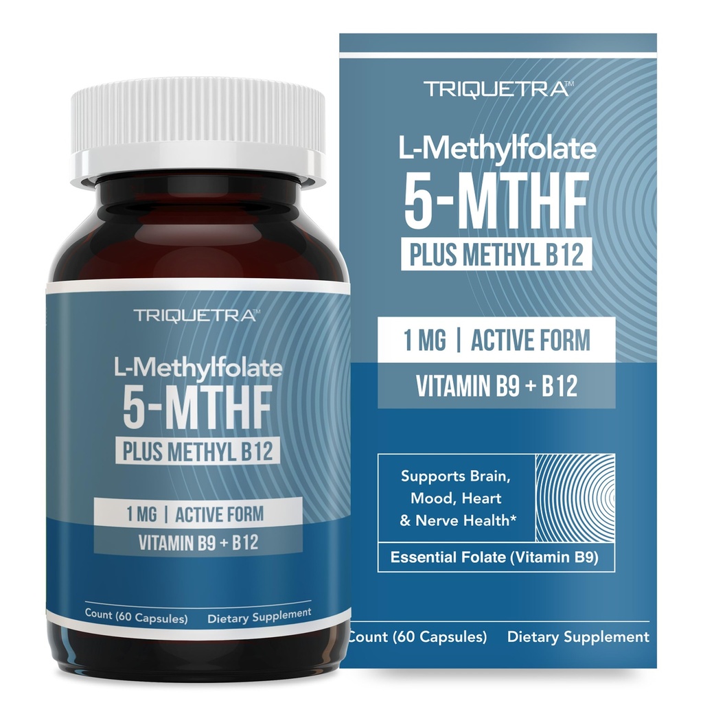 L Metyl Folat 1000 mhg Plus Metyl B12 Cofactor – Aktiv 5-MTHF Form - støtter Mood, Metylering, Kognisjon – Høyt biotilgjengelige Bioaktive former av vitamin B9 & B12 (60 kapsler – 60 serveringer)