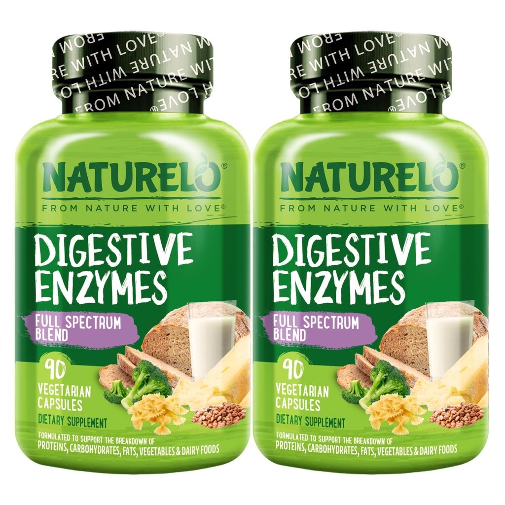 NATURELO Digestive Enzymes - Full Spectrum Support med en bred blanding av 15 Enzymes Plus Ginger - 90 Vegan Capsules (pakke med 2)
