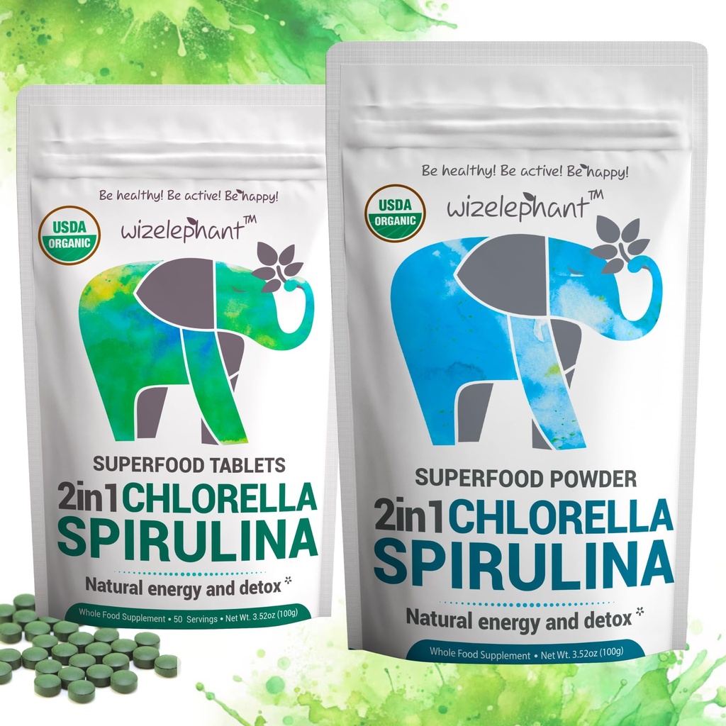 Chlorella Spirulina Powder Organic + Spirulina Klorella Tabletter | Økologisk | Rich i Klorofyll | Grønn Superfood pulver & tabletter Bundle