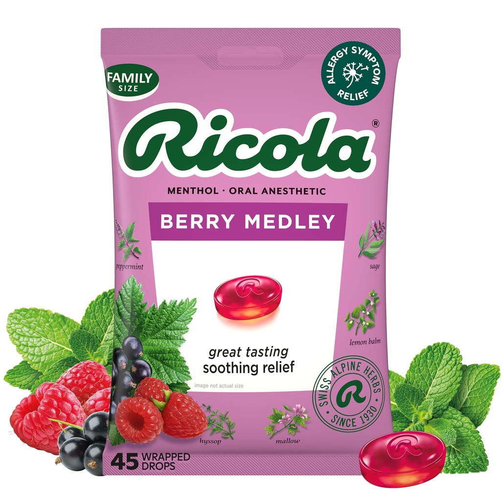 Ricola Berry Medley Throat dråper, 45 greve, Delicious Throat Relief & Care, oral anestetisk, naturlig flavored