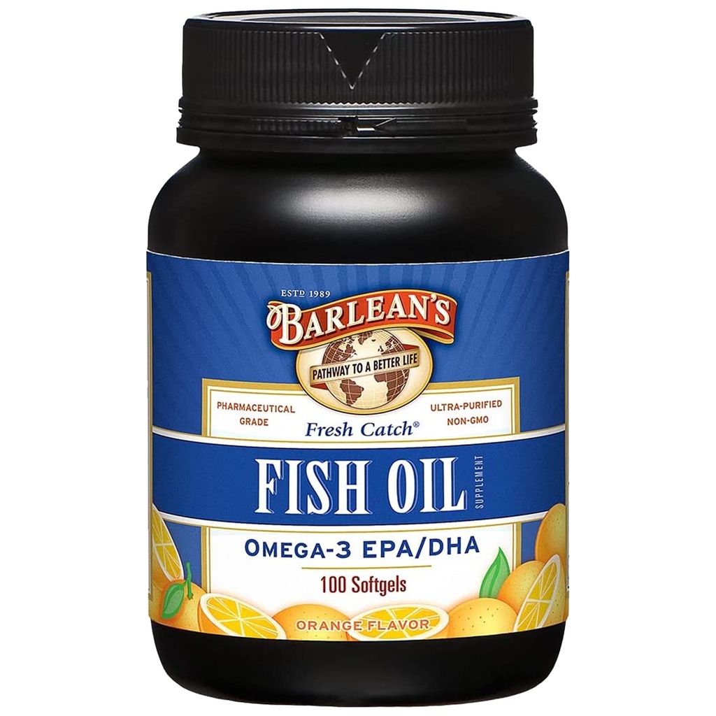 Barlean Omega 3 Fish Oil Kosttilskudd, Supplement Softgels for menn og kvinner, 600mg EPA og DHA Fatty Acids, Orange Flavored, 100 Count