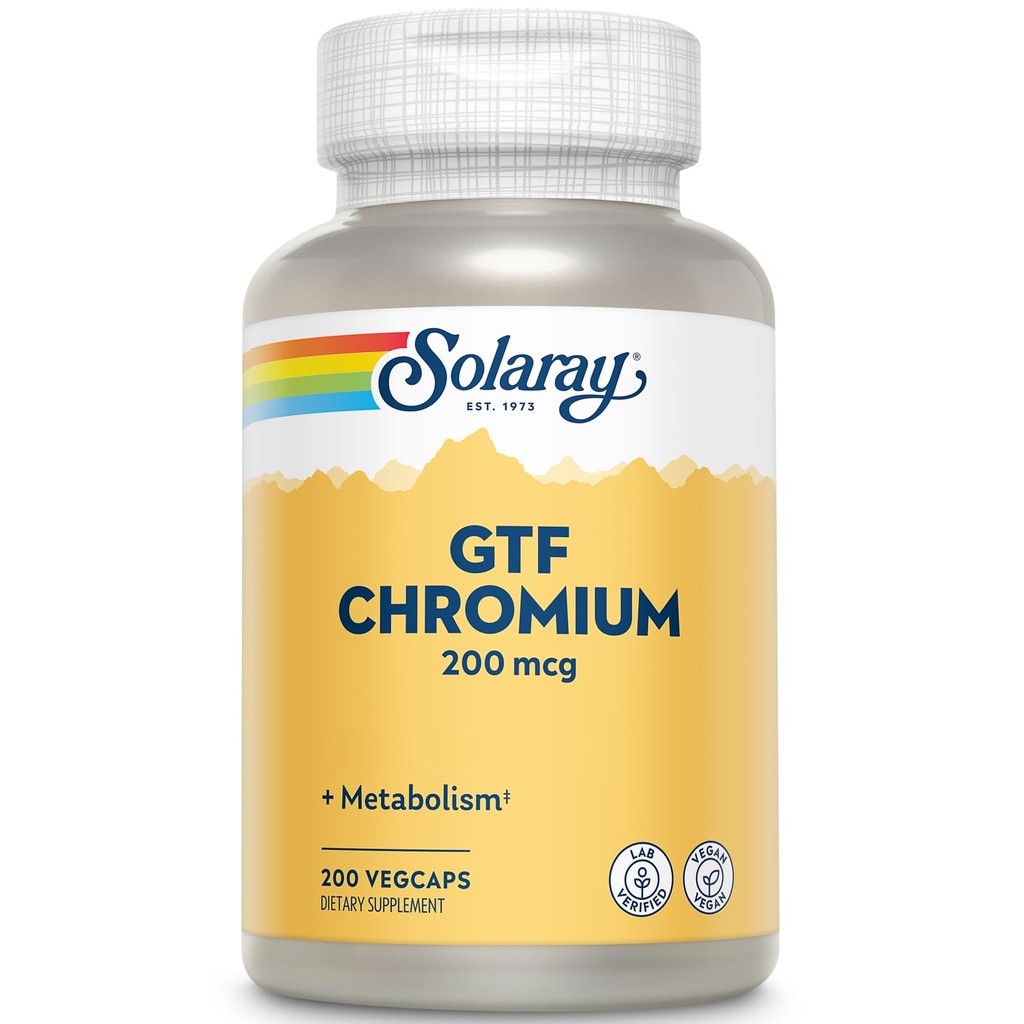 Solaray GTF Chromium 200mcg - ren kromium GTF 200mg Supplement, støtter Metabolsk funksjon og hele kroppens helse for menn og kvinner - 200 Vegankapsler