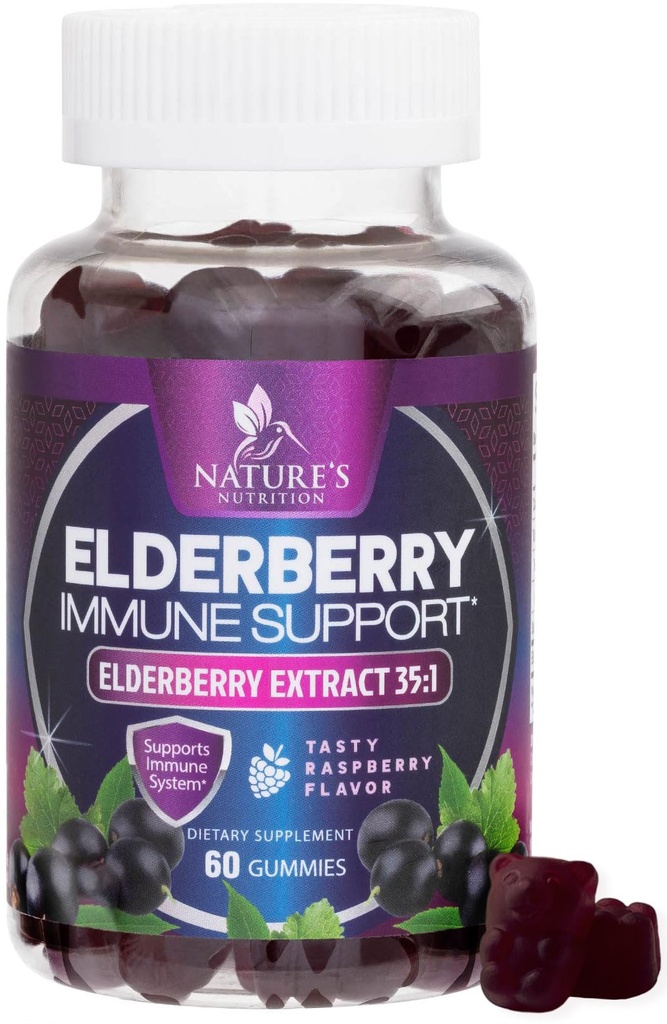Elderberry Immune Support Gummies - Super Konsentrert 35:1 Ekstrakt, tilsvarende 4200mg eldrebær - Sambucus Black Elder Berry Vitamin Supplement, Daglig støtte for barn og voksne - 60 Gummies