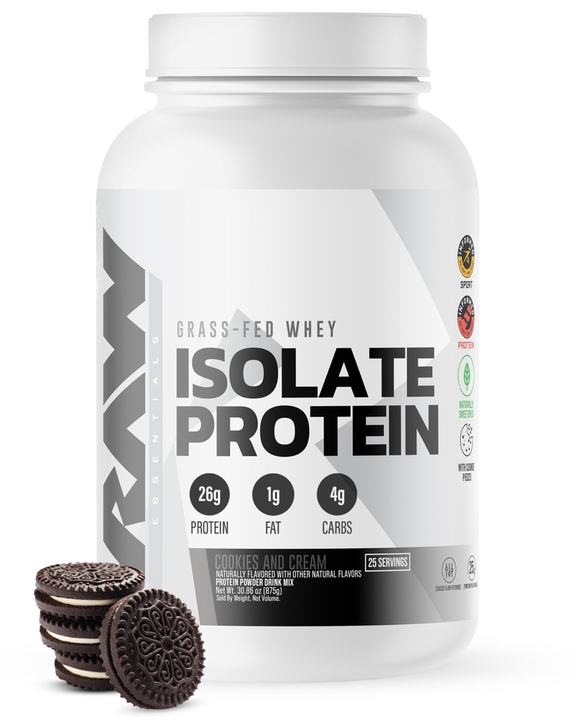 RAW Whey Isolate Protein pulver, cookies N Cream - 100% Grass-Fed Sports Ernæring Protein pulver for muskelvekst og gjenoppretting - lavfett, lav carb, naturlig flavored & søtt - 25 serveringer