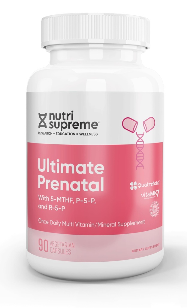 Nutri Høyeste prenatal vitamin, Prenatal vitaminer Supplement for kvinner med høy absorberbar Metyl Folat, én per dag Prenatal Multivitamin med jern, Kosher, kapsler, 90 greve