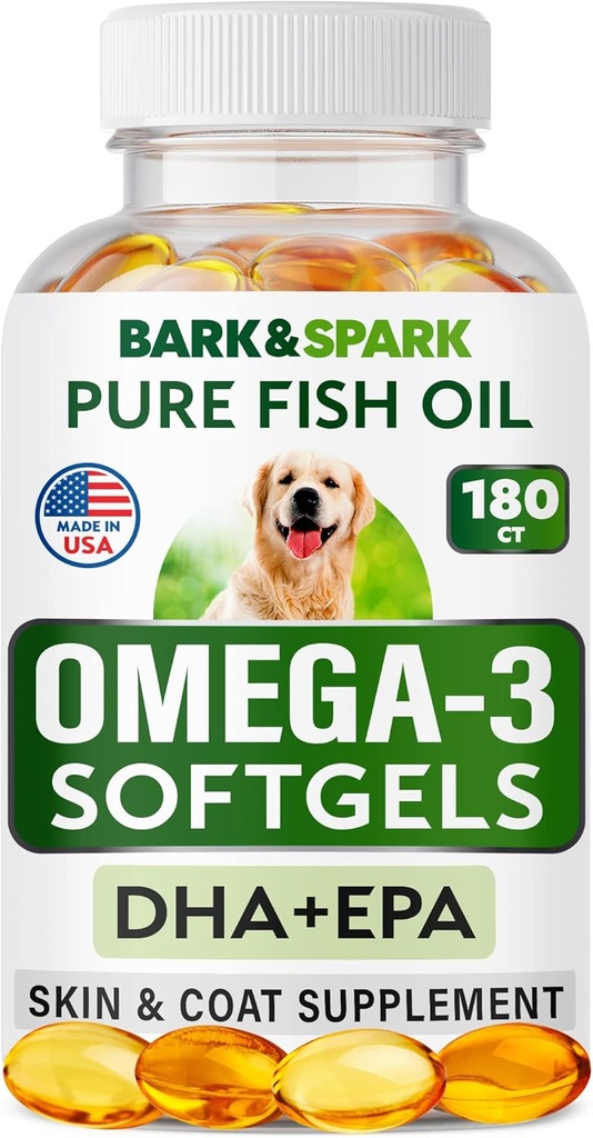 BARK & SPARK Omega 3 for hunder - 180 fiskeolje mykegels for hund shedding, hudallergi, klør lindring, varme flekker behandling - felles helse - hud og coat supplement - EPA & DHA fettsyrer - lakseolje