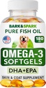 BARK & SPARK Omega 3 for hunder - 180 fiskeolje mykegels for hund shedding, hudallergi, klør lindring, varme flekker behandling - felles helse - hud og coat supplement - EPA & DHA fettsyrer - lakseolje
