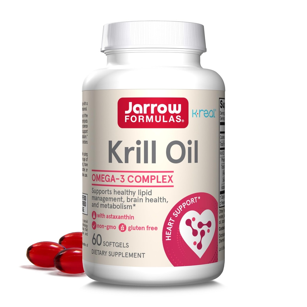 Jarrow Formler Krill Olje - Fosfolipid Omega-3 Kompleks med Astaxanthin - 60 Softgels - 30 Services - Støtter Lipid Management, Metabolisme, Hjerne og hjerte helse - EPA & DHA - Glutenfri - Ikke-GMO