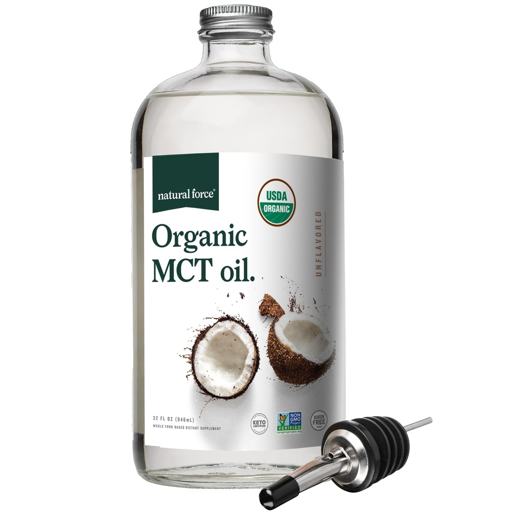 Naturlig kraft organisk MCT olje – ren glassflaske – laget av 100% kaldt presset jomfru kokosolje + sertifisert keto, Paleo, Kosher, Vegan & ikke-GMO – Lab testet for kvalitet og renhet - 32 Ounce