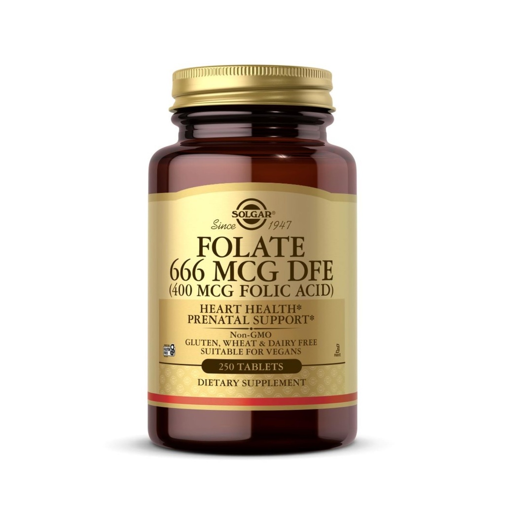 Solgar Folate 666 mcg DFE (Folsyre 400 mcg) - 250 tabletter - Prenatal støtte - Ikke-GMO, Vegansk, Glutenfri, Dairy Free, Kosher - 250 serveringer