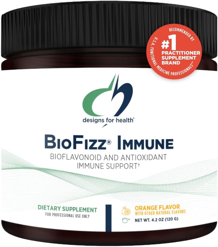 Designs for Helse BioFizz Immune Powder - C-vitamin Drink Mix Supplement med Bioflavonoids, sink, 2000 IE Vitamin D + E - Fizzy Orange Flavor + Antioksidant støtte (30 Serveringer / 120g)
