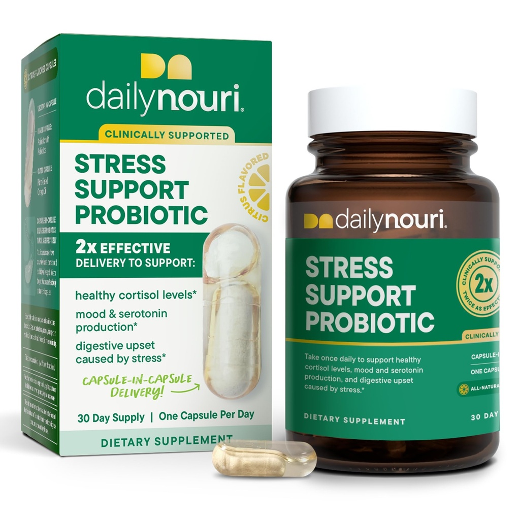 Daglig Nouri Stress Support Probiotic for kvinner og menn | støtter Cortisol Management, Stress Relief, Mood, Digestion & Gut Helse | 3 klinisk studerte strimler + Vegan Omega olje | 30-dagers forsyning