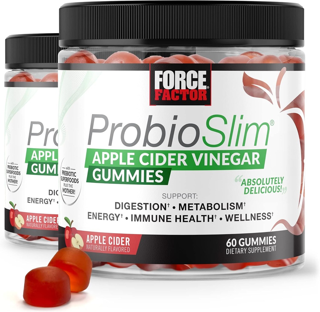 FORCE FACTOR ProbioSlim Apple Cider Vinegar Gummies, 2-Pack, med organisk Apple Cider Vinegar og LactoSpore Probiotika og Prebiotika for å støtte Digestion, metabolisme og immun helse, 120 Gummies