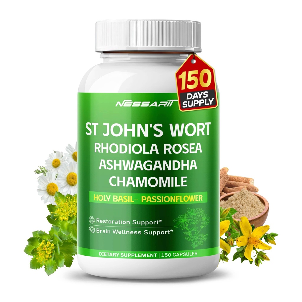 ST John's Wort 14-i-1 Naturlig blanding med Rhodiola Ashwagandha Chamomille Holy Basil L-Theanine Valerian Passionflower - 150 greve - laget og testet i USA