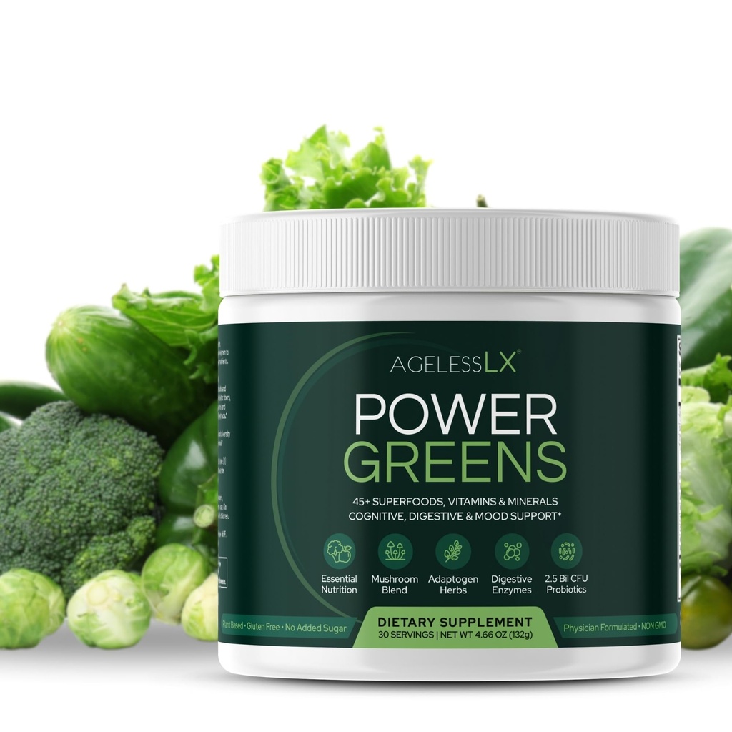 AldersløseLX Power Greens, 42 Supermat med probiotika, enzymer og prebiotiske fiber for forbedret energi, immunitet og digestiv helse, 30 serveringer