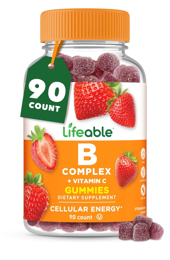 Livbare vitamin B komplekse gummier for voksne | med vitamin C | Great Tasting Vitamin B gummier | for energi og nervesystem | Vegan B kompleks vitaminer for kvinner, menn | 90 gummier