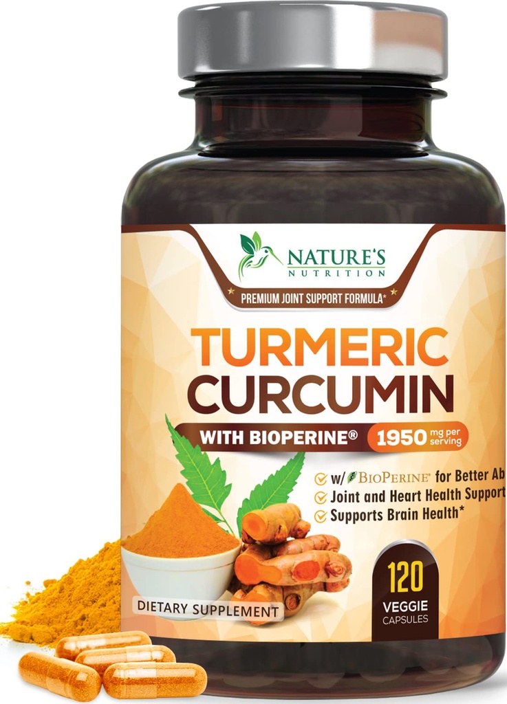 Turmeric Curcumin Supplement 1950mg - 95% Curcuminoids med organisk gurkemeie og BioPerine Black Pepper Extract for beste absorpsjon, Naturens vegan felles støtte, ikke-GMO, flaske i USA - 120 kapsler