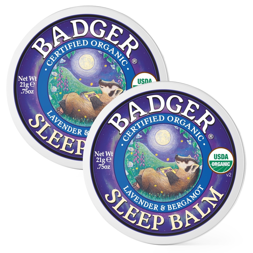 Badger Sleep Balm, Organisk essensiell olje Aromaterapi Naturlig søvn Balm for voksne og barn, Avslappende & beroligende Lavender & Bergamot Naturlig søvnstøtte, .75 oz Tin, 2-Pack