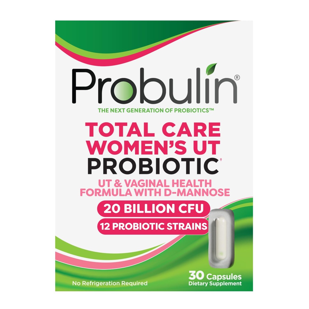 Probulin Total Care Kvinners Urin Tract = Prebiotika + Probiotika + Postbiotika for å støtte en sunn Vaginal Microbiom - 20 milliarder CFU - 12 Strains - 30 Vegan Kapsler